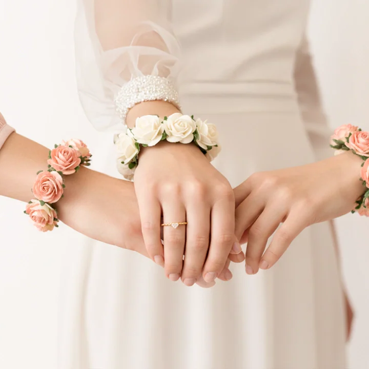 Braut und Brautjungfern in Rosé legen ihre Hände mit Blumenarmbändern und Ring zusammen – Geschenke für JGA und Hochzeit von Hope22
