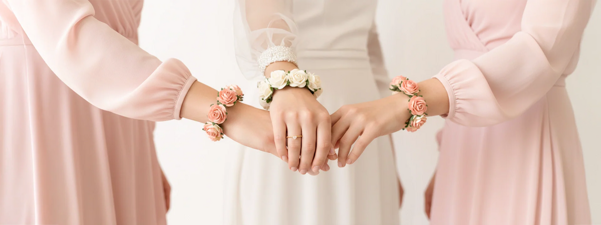 Braut und Brautjungfern in Rosé legen ihre Hände mit Blumenarmbändern und Ring zusammen – Geschenke für JGA und Hochzeit von Hope22