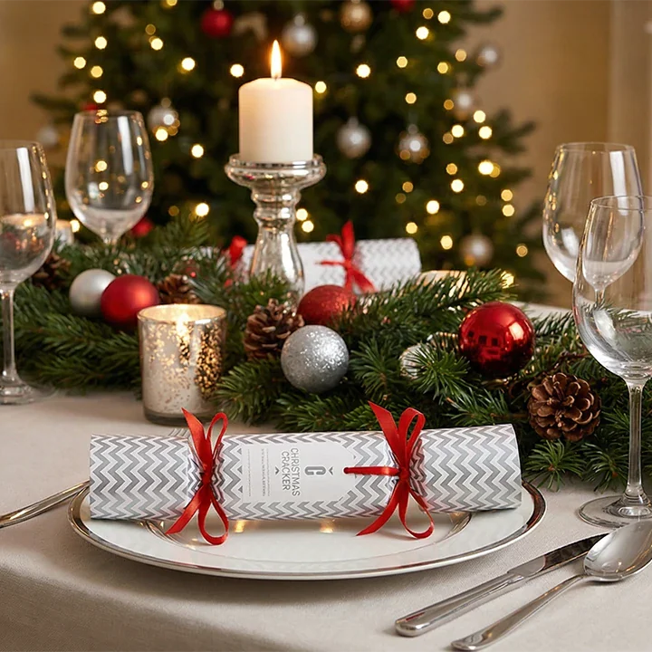 Festlich gedeckter Weihnachtstisch mit Kerzen, Tannengrün und Christbaum am Kamin – Geschenke zu Weihnachten von Hope22
