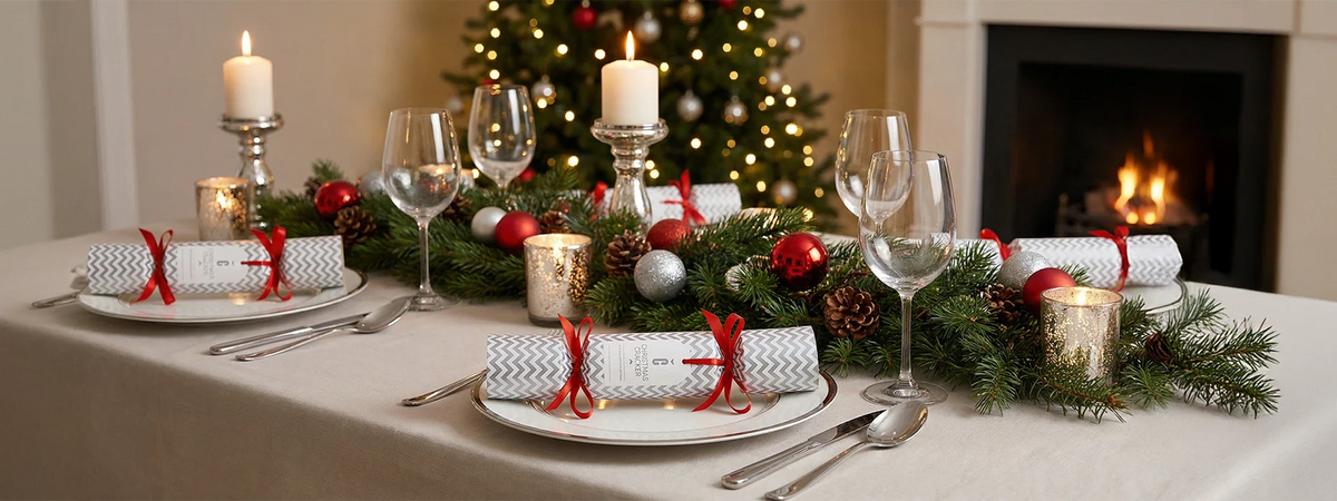 Festlich gedeckter Weihnachtstisch mit Kerzen, Tannengrün und Christbaum am Kamin – Geschenke zu Weihnachten von Hope22