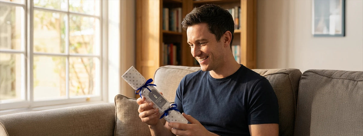 Lächelnder Mann öffnet ein eingepacktes Geburtstagsgeschenk auf dem Sofa – Geschenkideen zum Geburtstag von Hope22