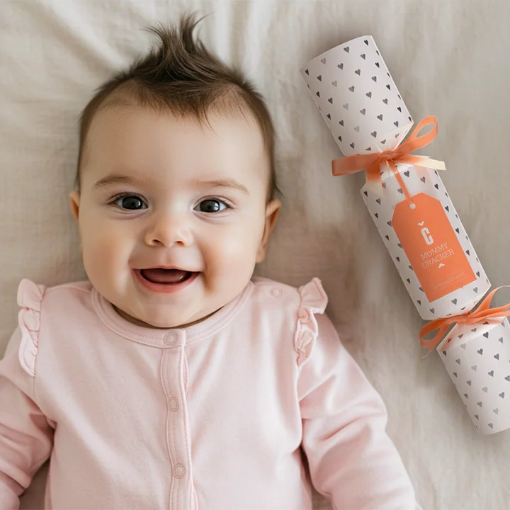 Baby im rosa Strampler liegt neben einer verpackten Geschenkrolle – Geschenke zur Geburt von Hope22