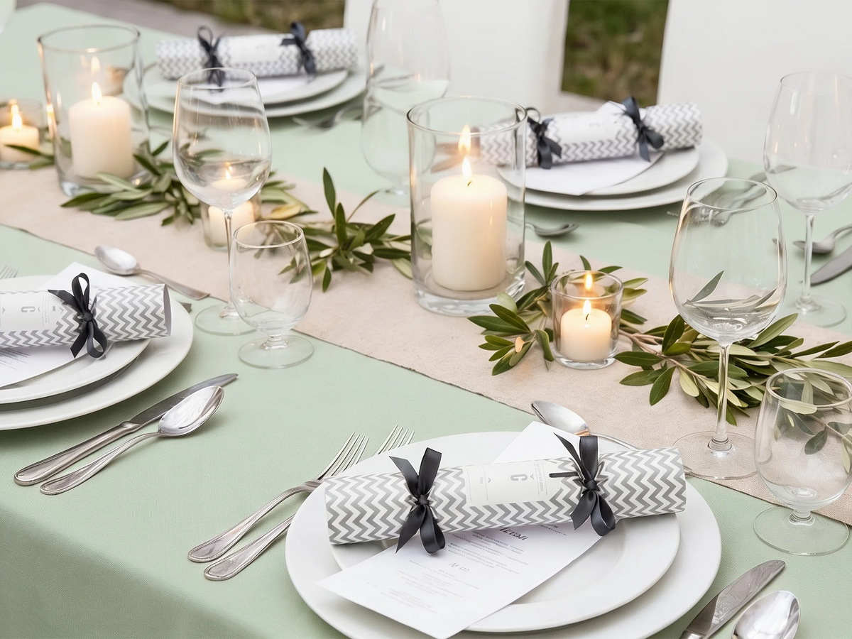 Festlich gedeckte Event-Tafel mit Kerzen, Olivenzweigen und Hope22 Knallbonbons als Gastgeschenk