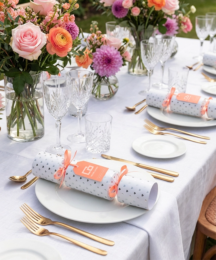 Festlich gedeckter Tisch mit Blumen, Goldbesteck und Hope22 Knallbonbons mit Herzmuster und Geschenkanhänger